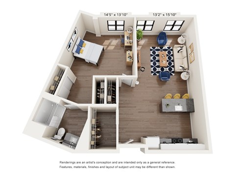Floor plan for 1 bed, 1 bath, 746 sqft
